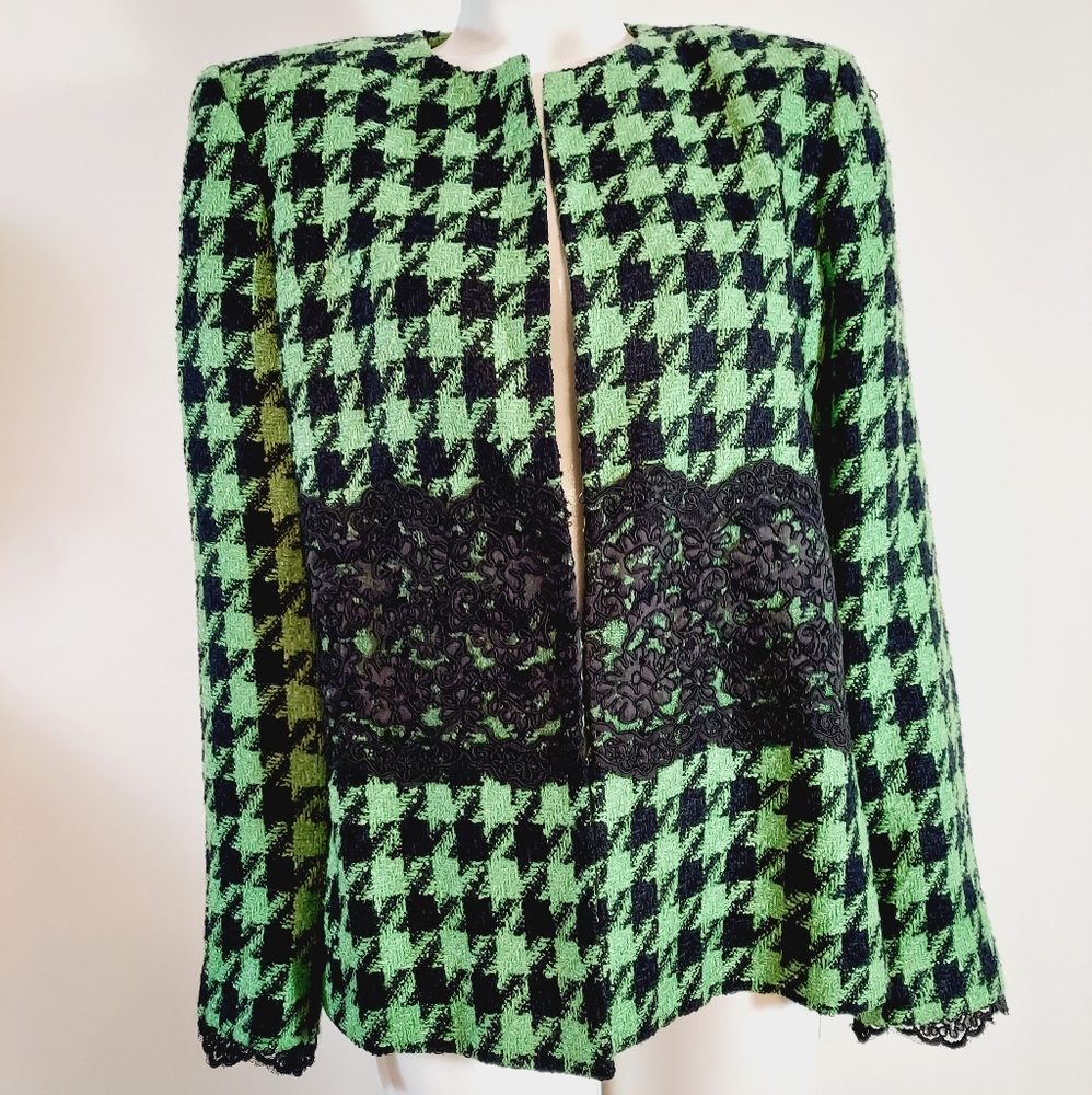 Vintage Y2k Victor Costa Green lace hounds tooth blazer jacket Statement maker
